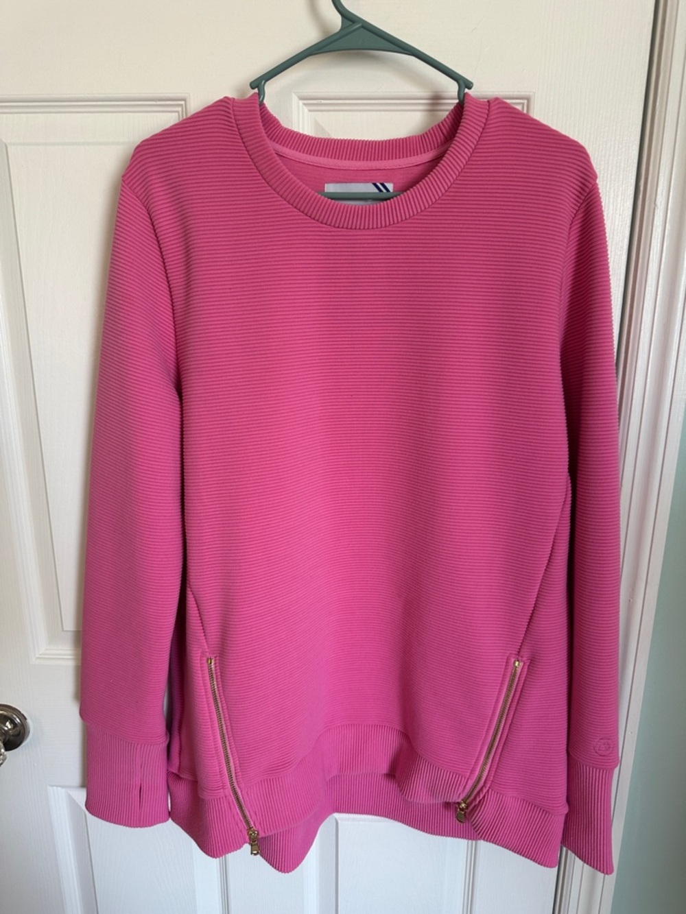 Addison Bay Hot Pink Ribbed Pullover Sweatshirt with Gold Zippers